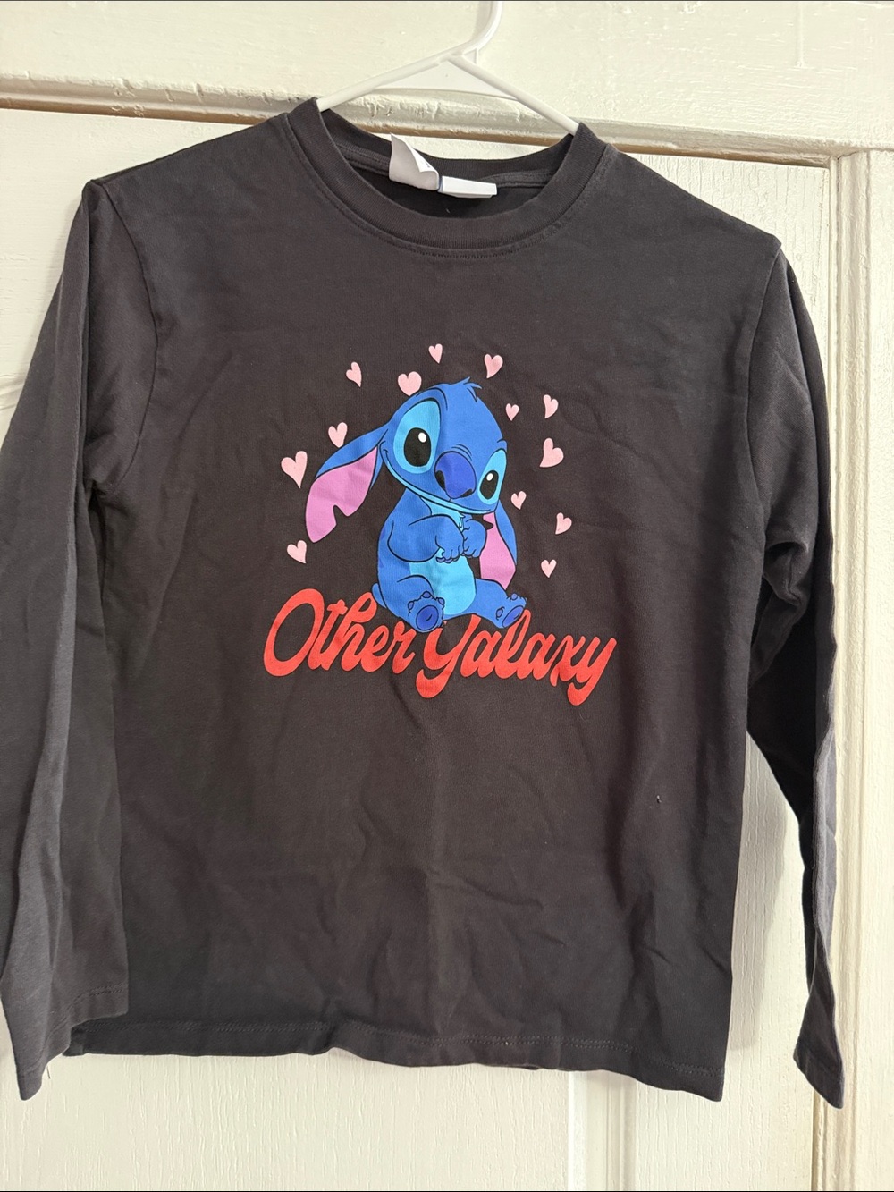 Zara Black Long-Sleeve Tee with Blue Stitch and Pink Hearts